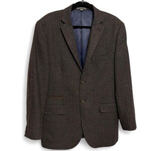 Johnston & Murphy Wool Blend Brown & Navy Plaid Elbow Patches Sports Coat